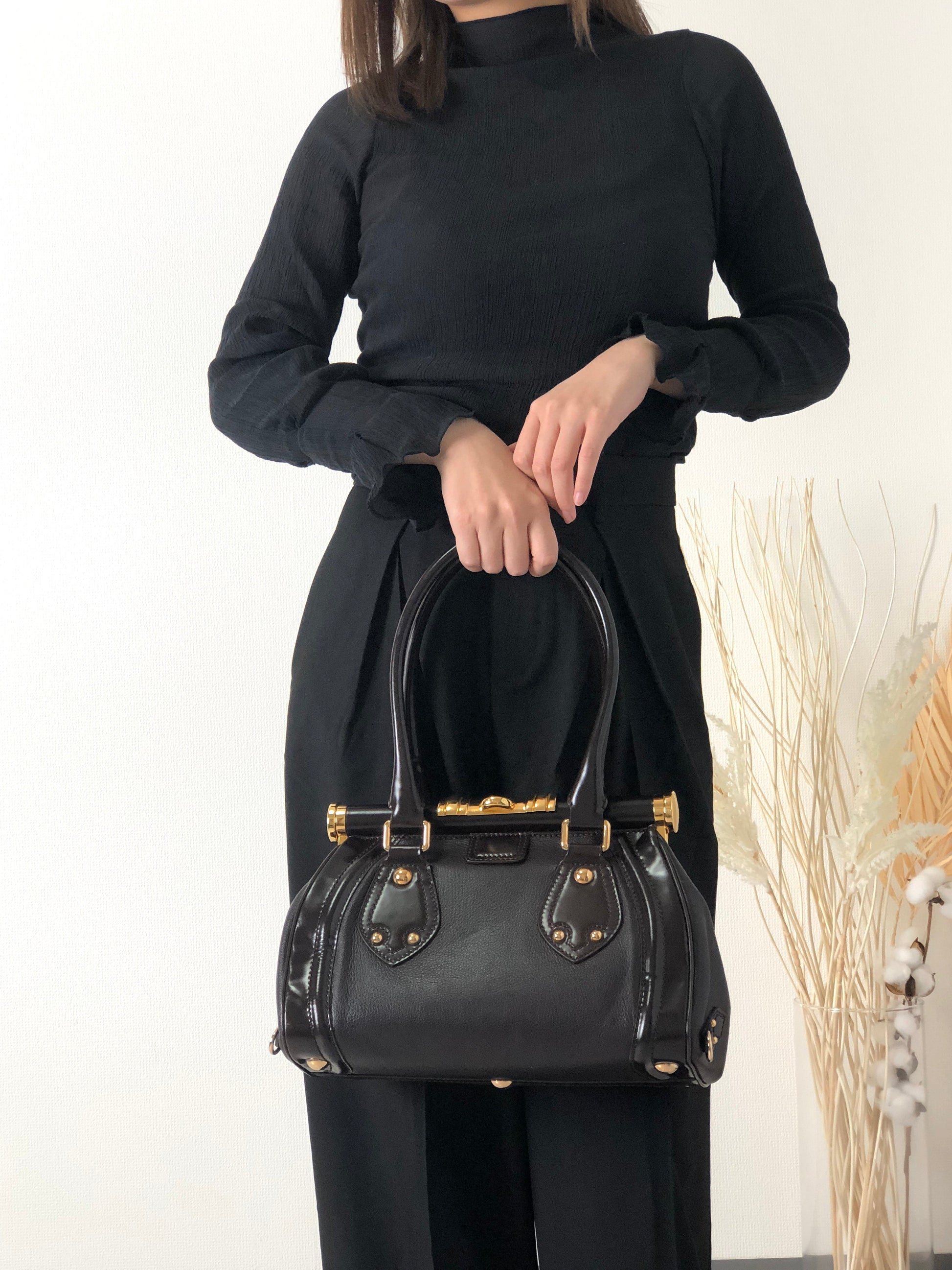 CELINE Metal Clasp Leather Handbag Brown a6g24w