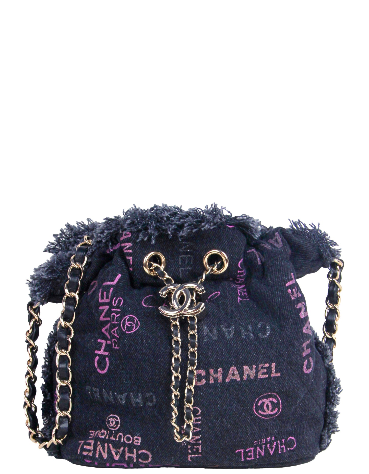 Chanel Black Logo Quilted Mood Mini Bucket Crossbody Bag