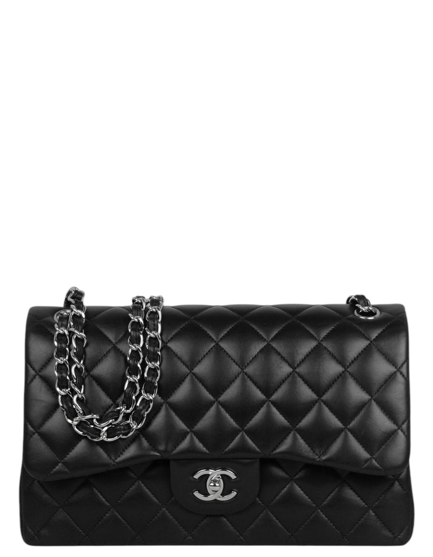Chanel Black Lambskin Leather Double Flap Jumbo Bag