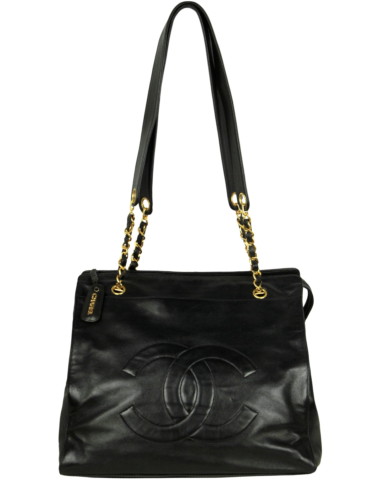 Chanel Black Lambskin Leather CC Logo Tote Bag