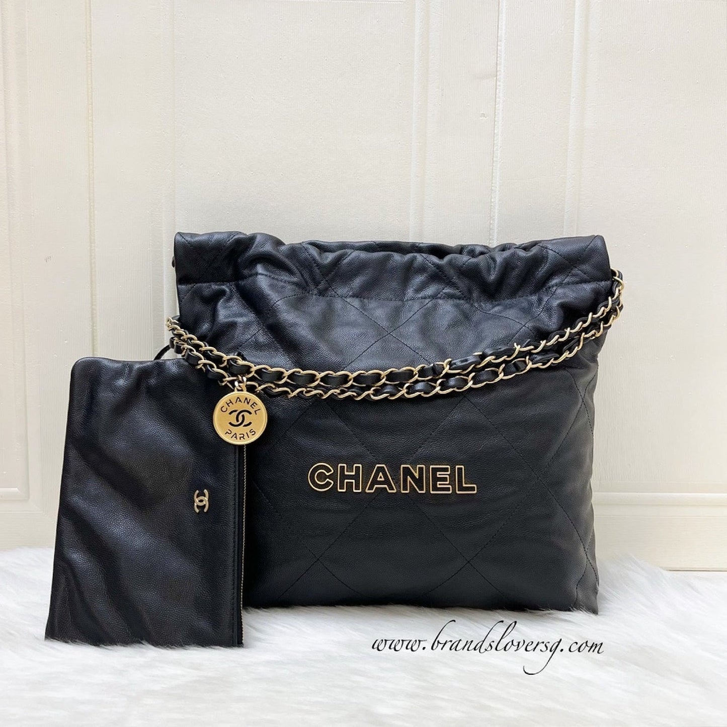 Chanel 22 Small Hobo Handbag in Black Caviar and GHW (Model: AS3260)