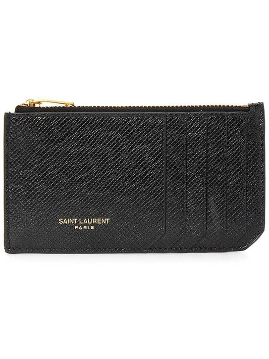 Luxury Saint Laurent Trending 2026 Coated Bark Leather Fragment Zipper Card Wallet Black