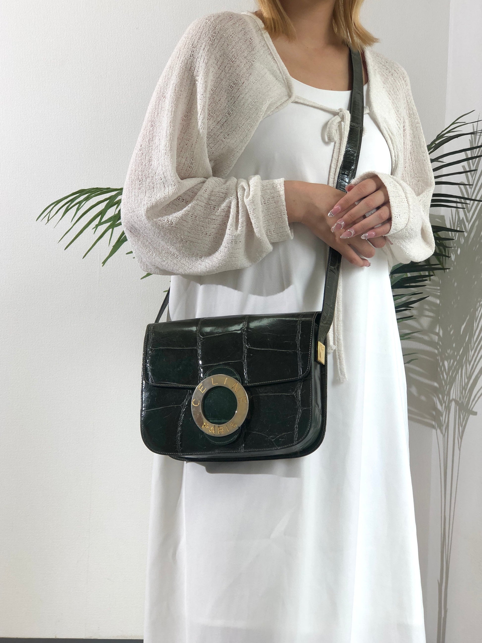 CELINE Circle Logo Crocodile Crossbody Leather Shoulder bag Green