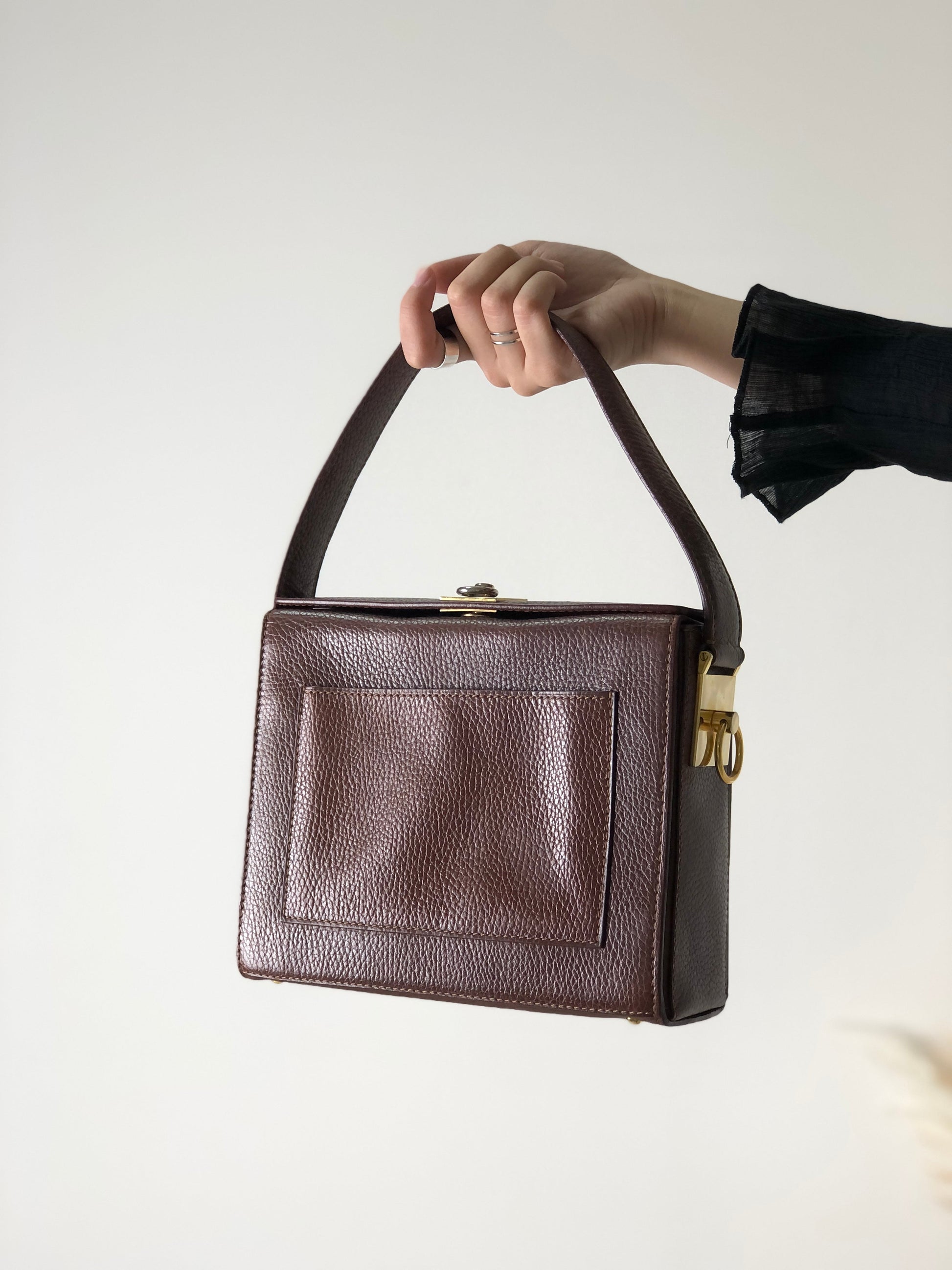 CELINE Gancini Logo Motif Square Leather Handbag Brown e8kt7d