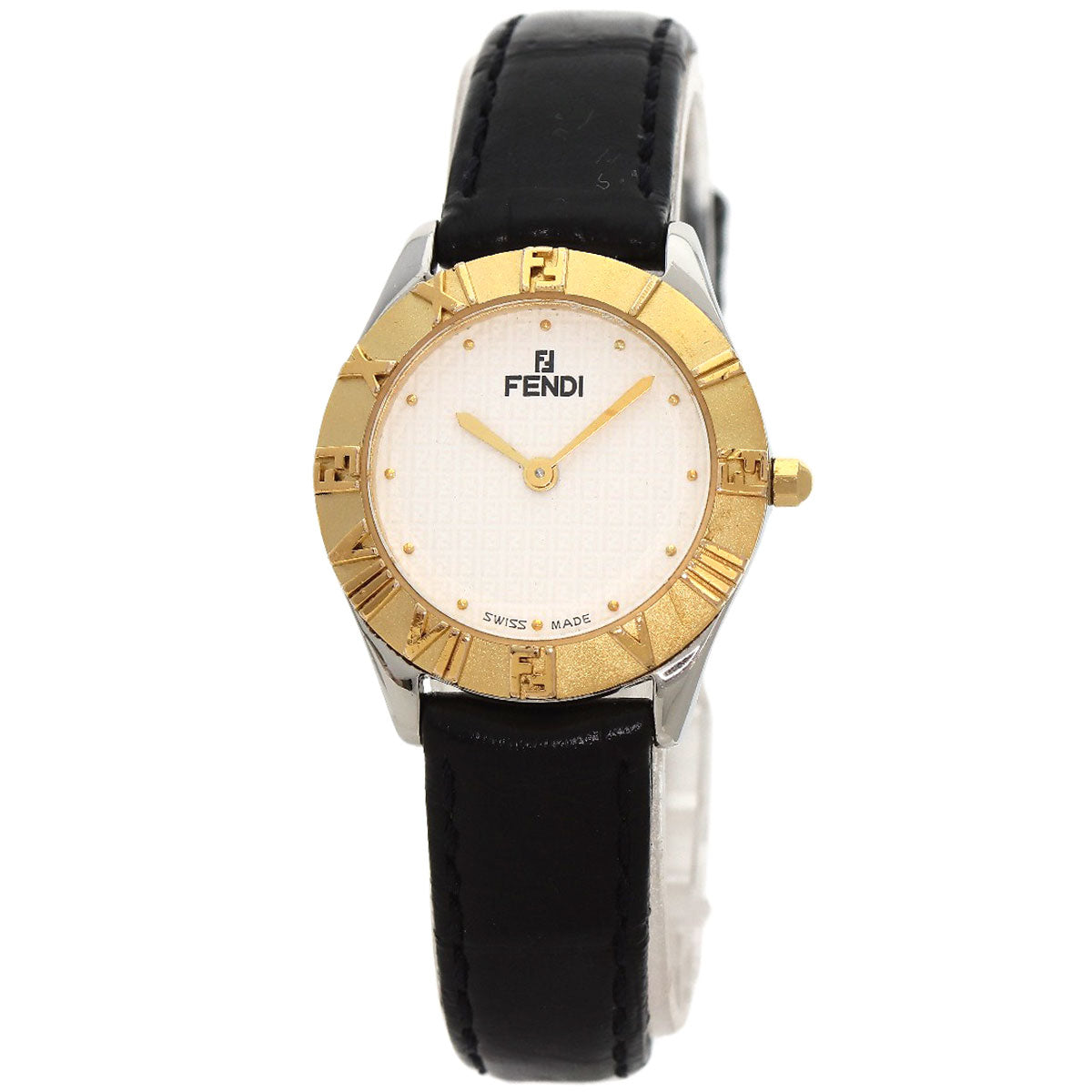FENDI Watches Quartz 2000L Stainless Steel, Leather, Gold Plated gold Round face white dial Women