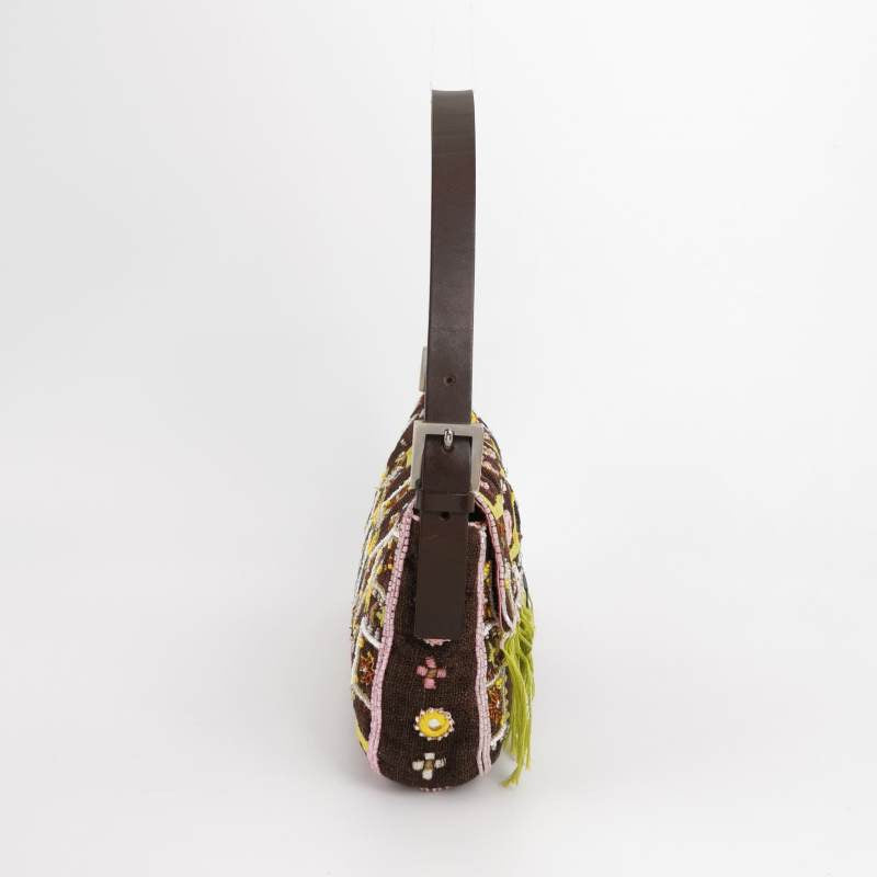 Fendi Baguette   Brown Canvas with embroidery sequins mirrors and tassels