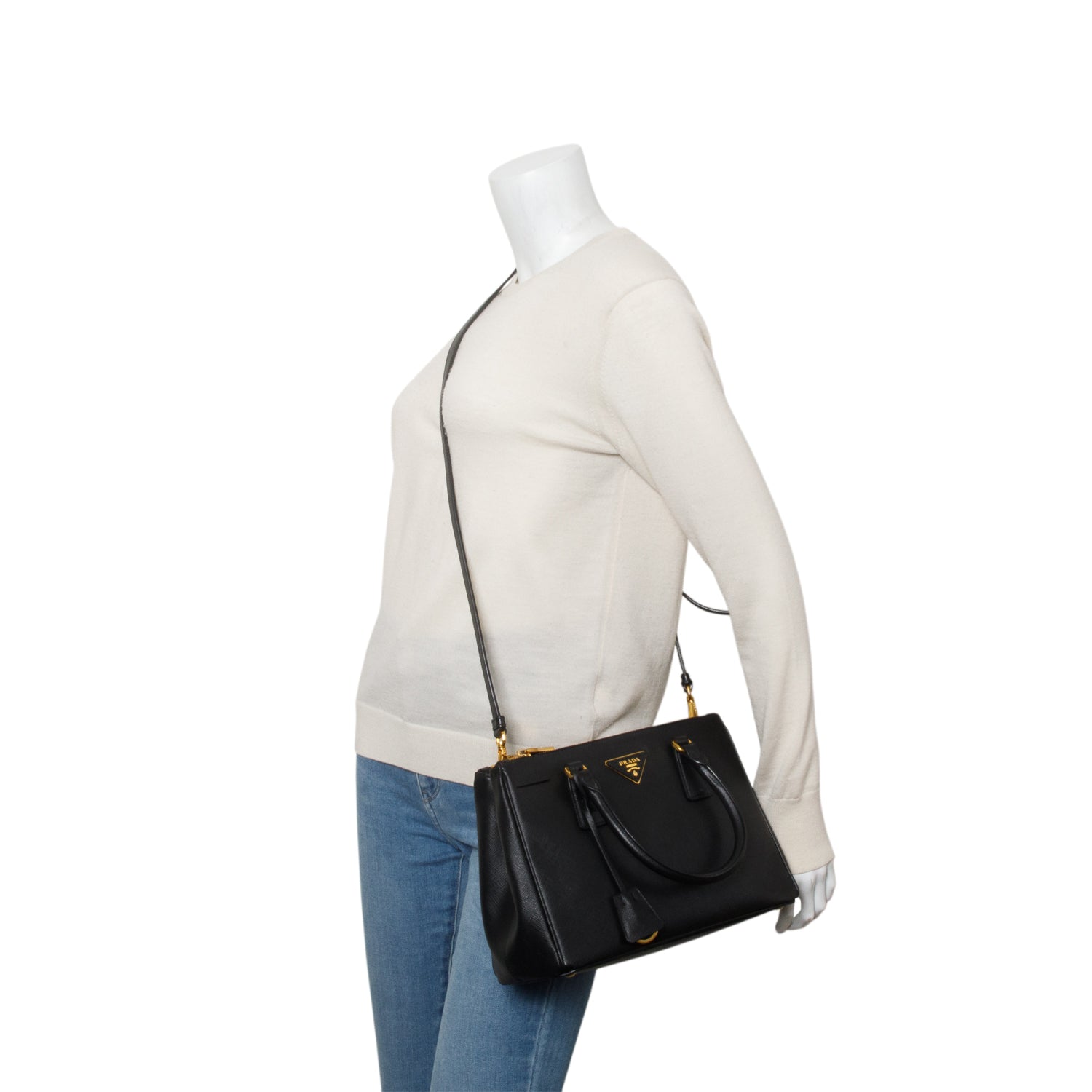 Prada Black Saffiano Leather Small Double Zip Galleria Tote