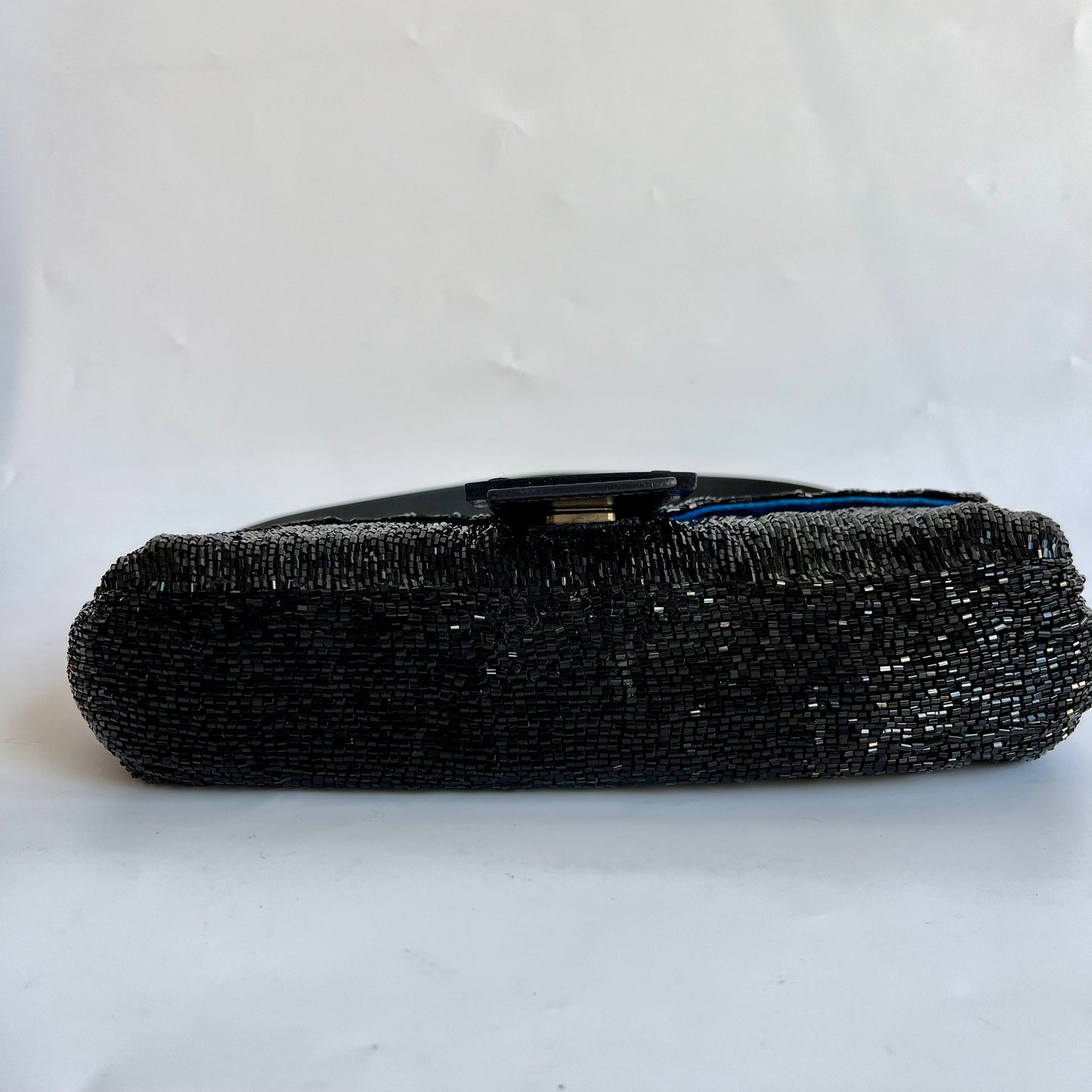 Fendi Baguette   Black Glitter Beads Shoulder Bag Blue Silk Interior
