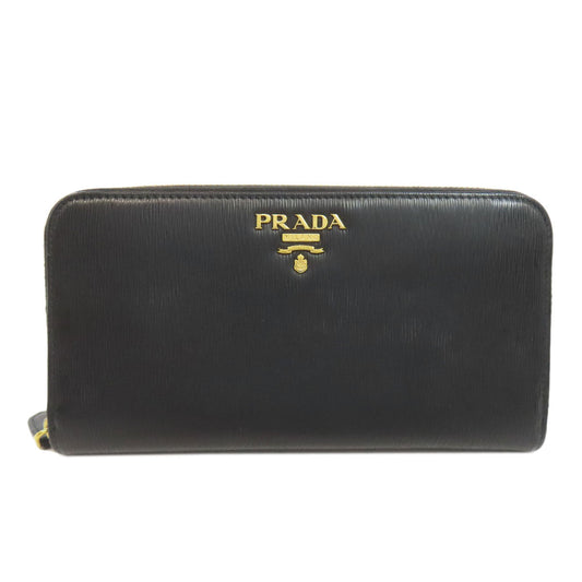 PRADA Long Wallet Purse leather black Zip Around Women