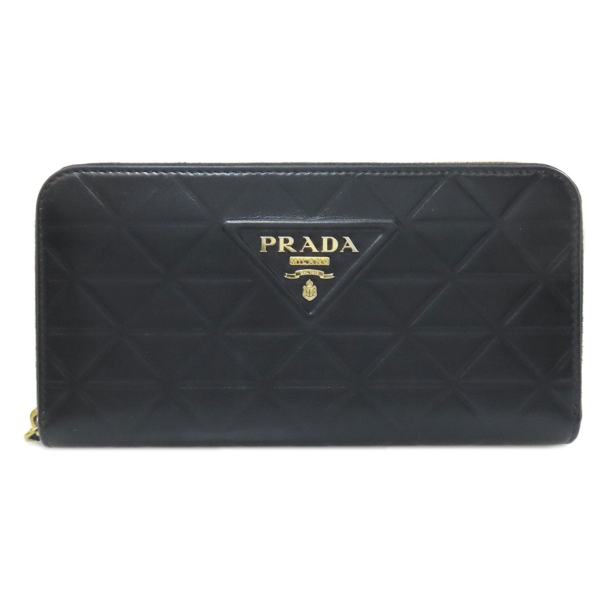 PRADA Long Wallet Purse 1ML506 Calfskin black Zip Around embossing Women