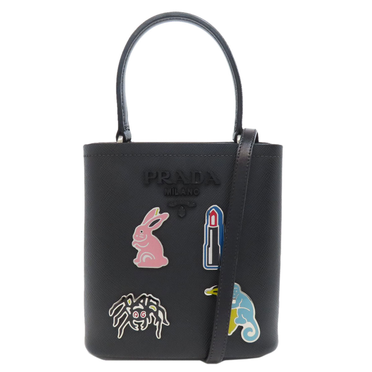 PRADA Handbag Safiano black Pin Badge Rabbit Lip