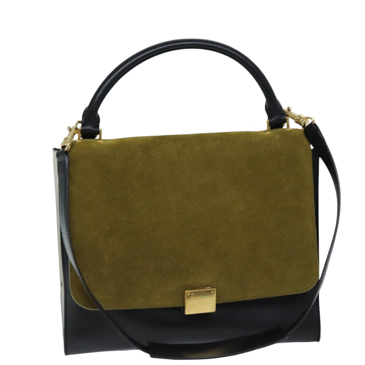 Luxury CELINE Trapeze Hand Bag Suede Leather 2way Black Khaki 76216