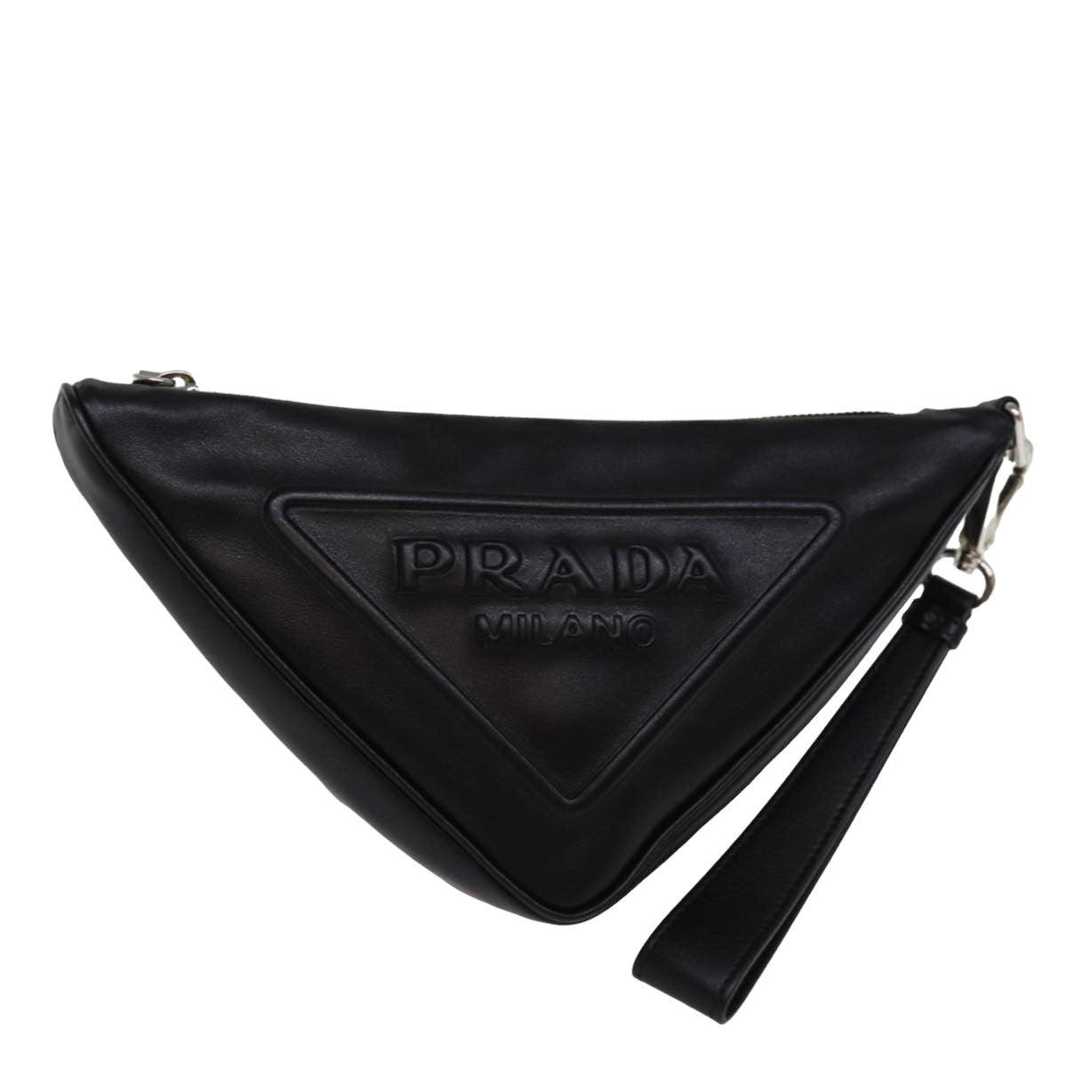 PRADA Triangle Clutch Bag Leather Black Auth