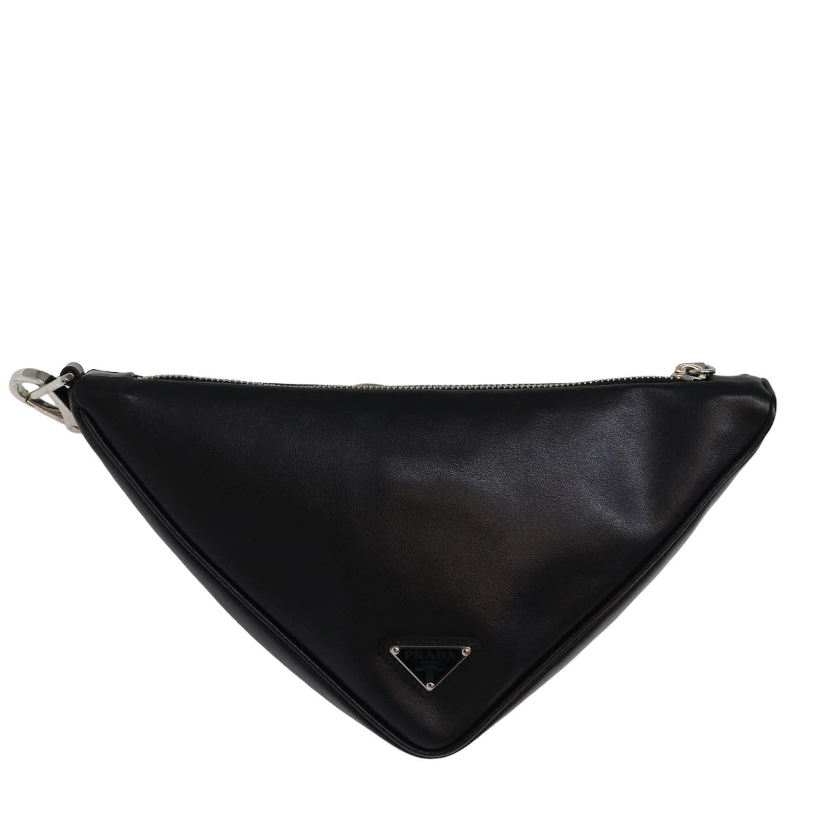 PRADA Triangle Clutch Bag Leather Black Auth