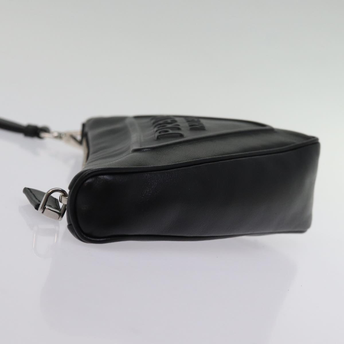 PRADA Triangle Clutch Bag Leather Black Auth