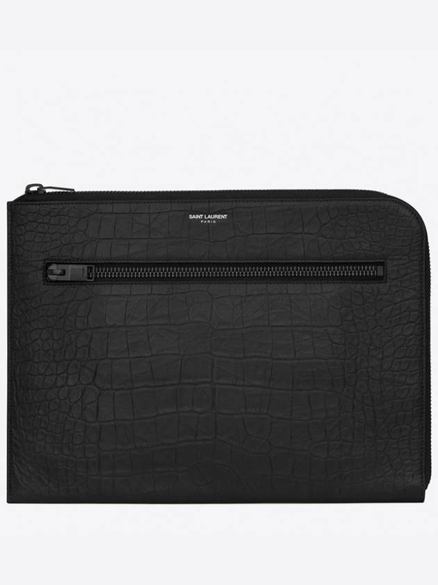Luxury Saint Laurent Trending 2025 Zipper Detail Logo Crocodile Clutch Bag Black