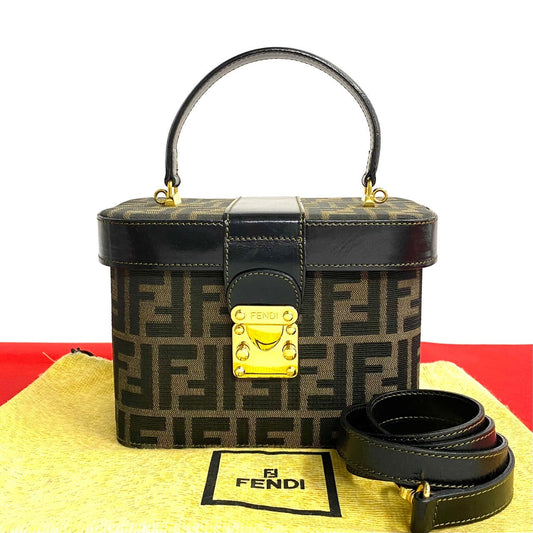 FENDI Handbag Leather, Canvas Brown ZUCCA FFPattern logo Metal Women