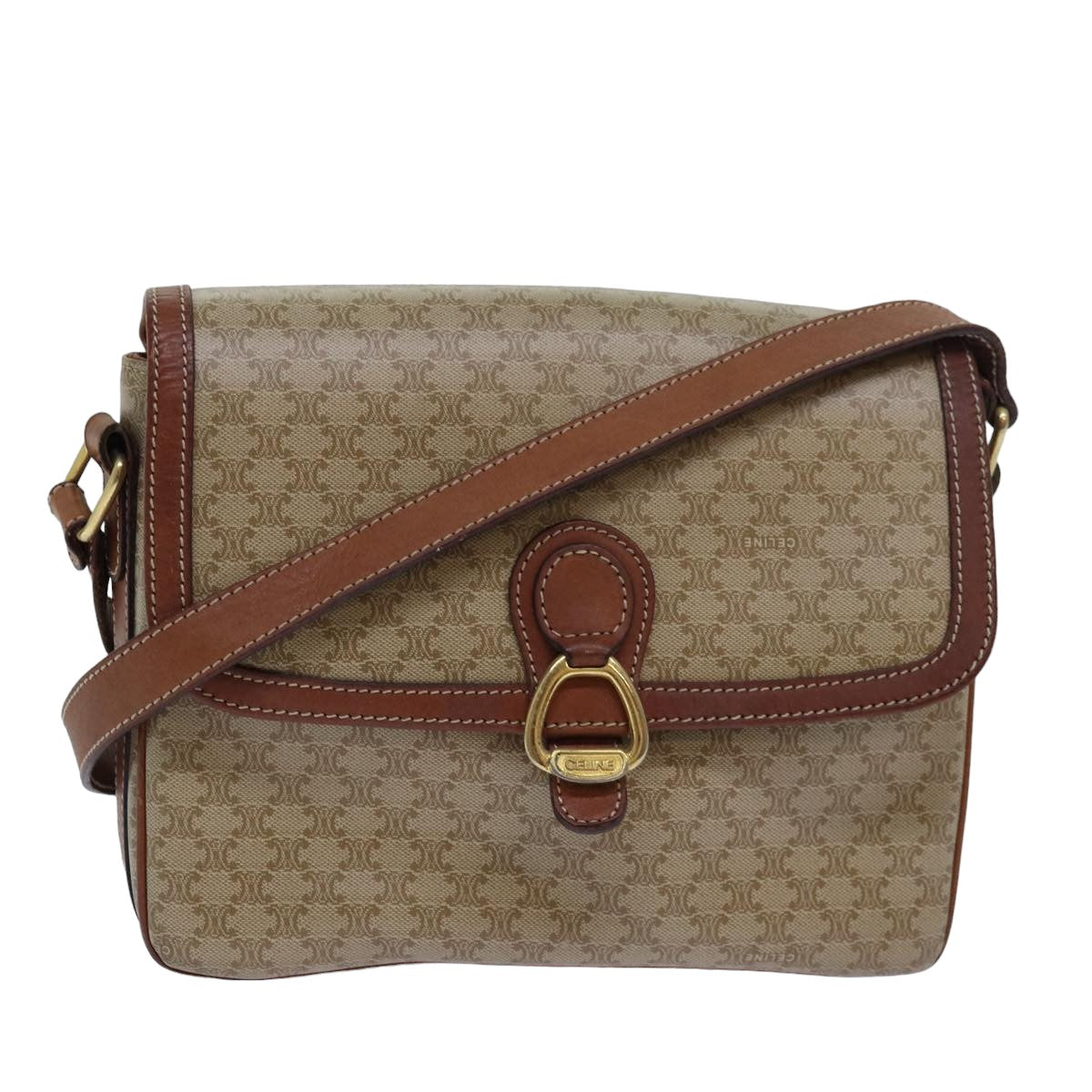 Luxury CELINE Macadam Canvas Shoulder Bag PVC Leather Beige 77809