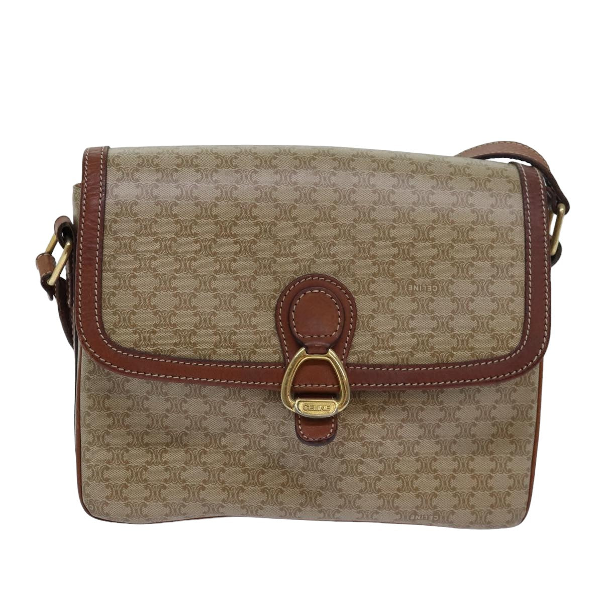Luxury CELINE Macadam Canvas Shoulder Bag PVC Leather Beige 77809