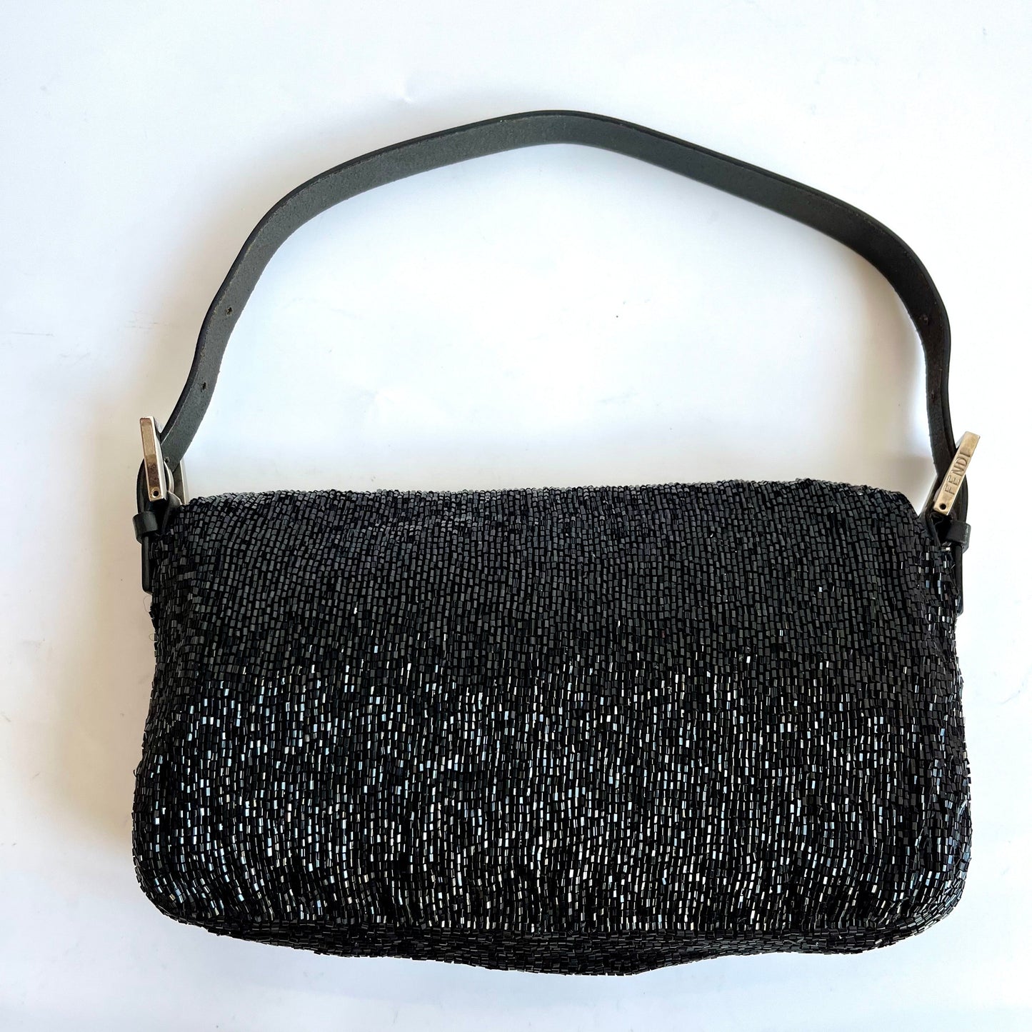 Fendi Baguette   Black Glitter Beads Shoulder Bag Blue Silk Interior