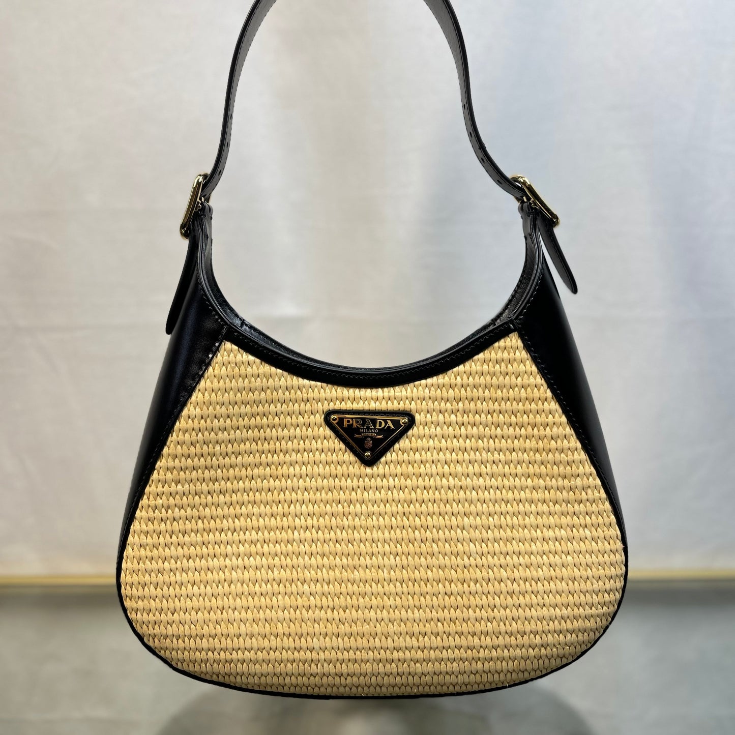 Prada Beige Natural Raffia Woven Black Calfskin Leather Shoulder Bags