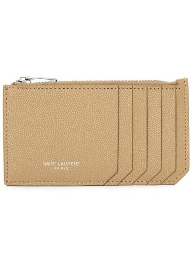 Luxury Saint Laurent Trending 2026 Logo Print Pebbled Leather Card Wallet Brown
