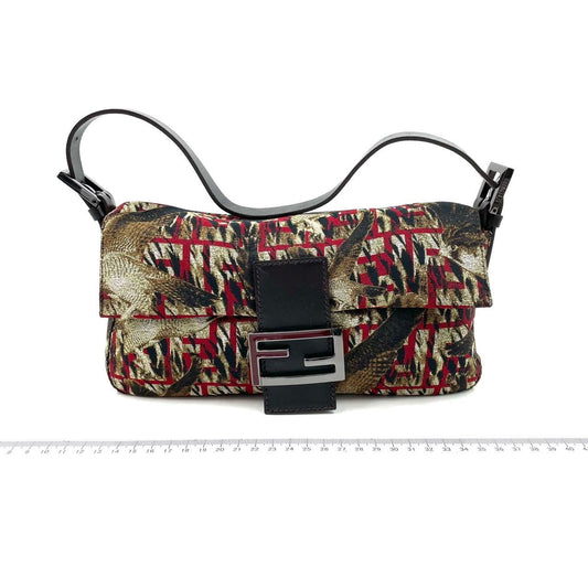 FENDI Baguette   Bird Printed Multicolor Canvas Shoulder Bag