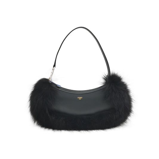 FENDI O Lock Black Leather and Faux Fur Shoulder Bag