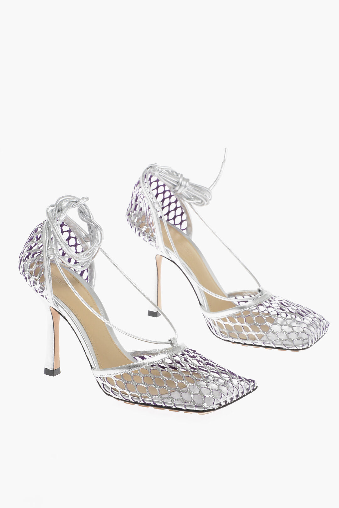 Luxury Bottega Veneta Fishnet Sandals Metallic Effect Heel 10 Cm