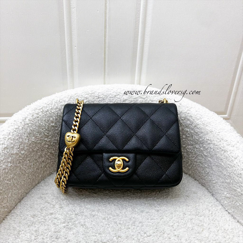 [Local Set - 2023] Chanel 23P Heart Adjustable Chain Mini / Small Flap Bag in Black Caviar and AGHW (Model: AS3829)