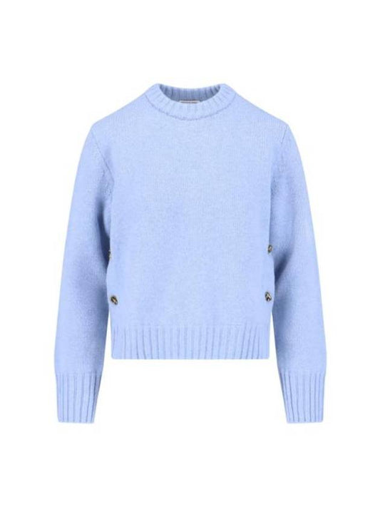 Luxury Bottega Veneta Metal Note Button Wool Knit Top Blue