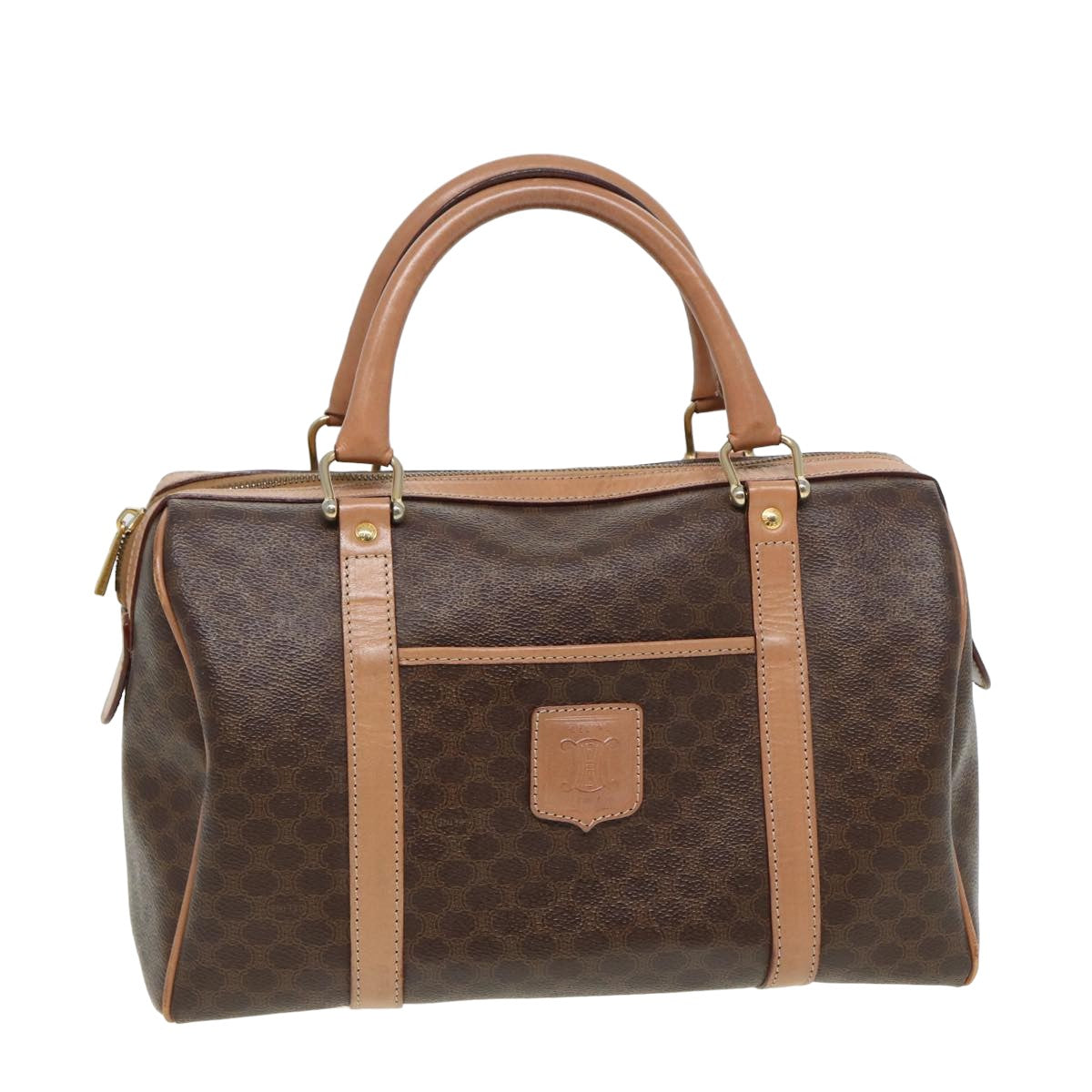 Luxury CELINE Macadam Canvas Boston Bag PVC Leather Brown 80990