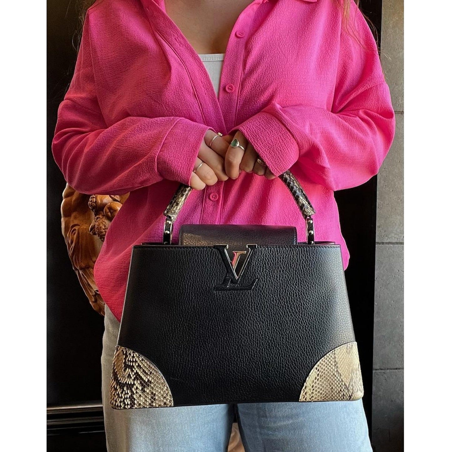 Louis Vuitton Taurillon Python Trim Capucines MM Satchel Handbag