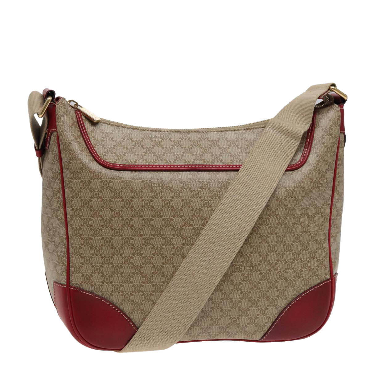 Luxury CELINE Macadam Canvas Shoulder Bag PVC Leather Beige Red 81863