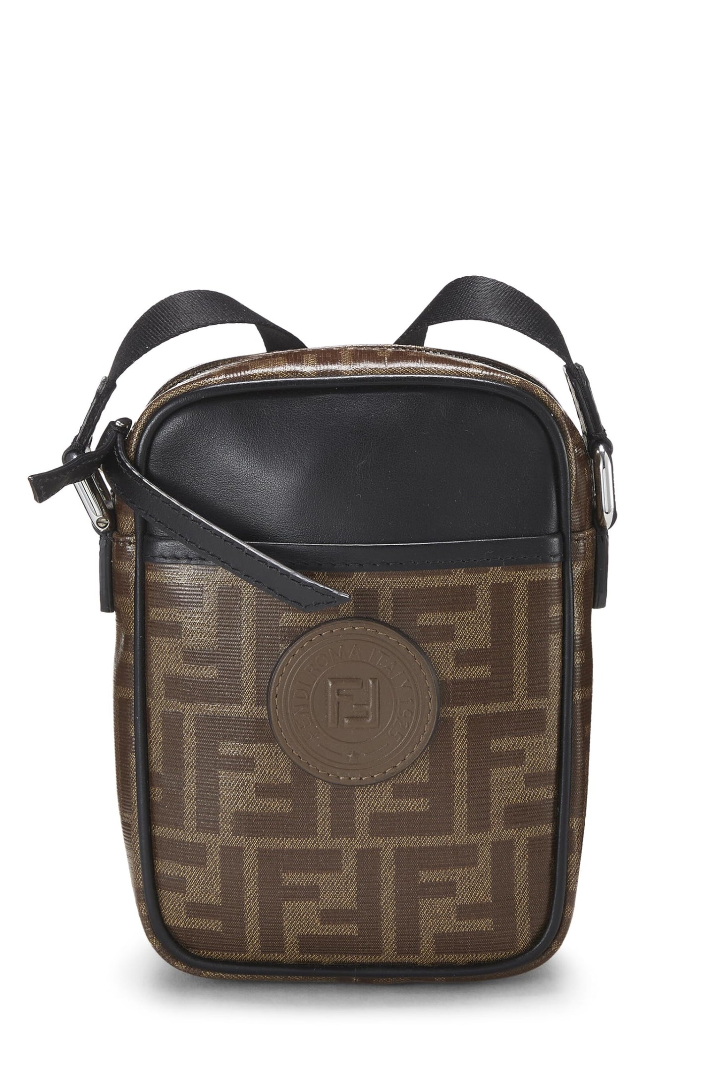 Fendi, Brown Leather & Zucca Canvas Crossbody, Black