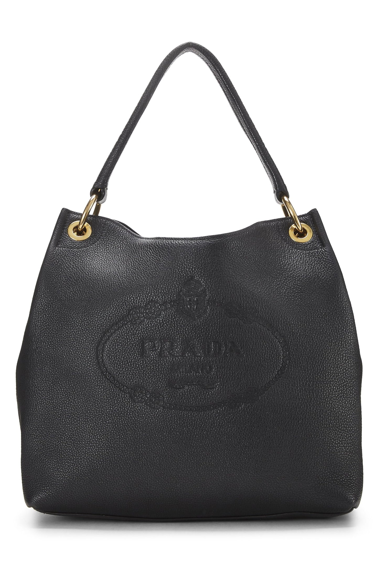 Prada, Black Vitello Daino Embossed Logo Hobo, Black