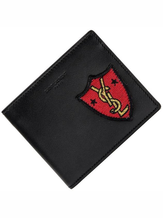 Luxury Saint Laurent Trending 2026 Embroidery Shield Logo Half Wallet Black