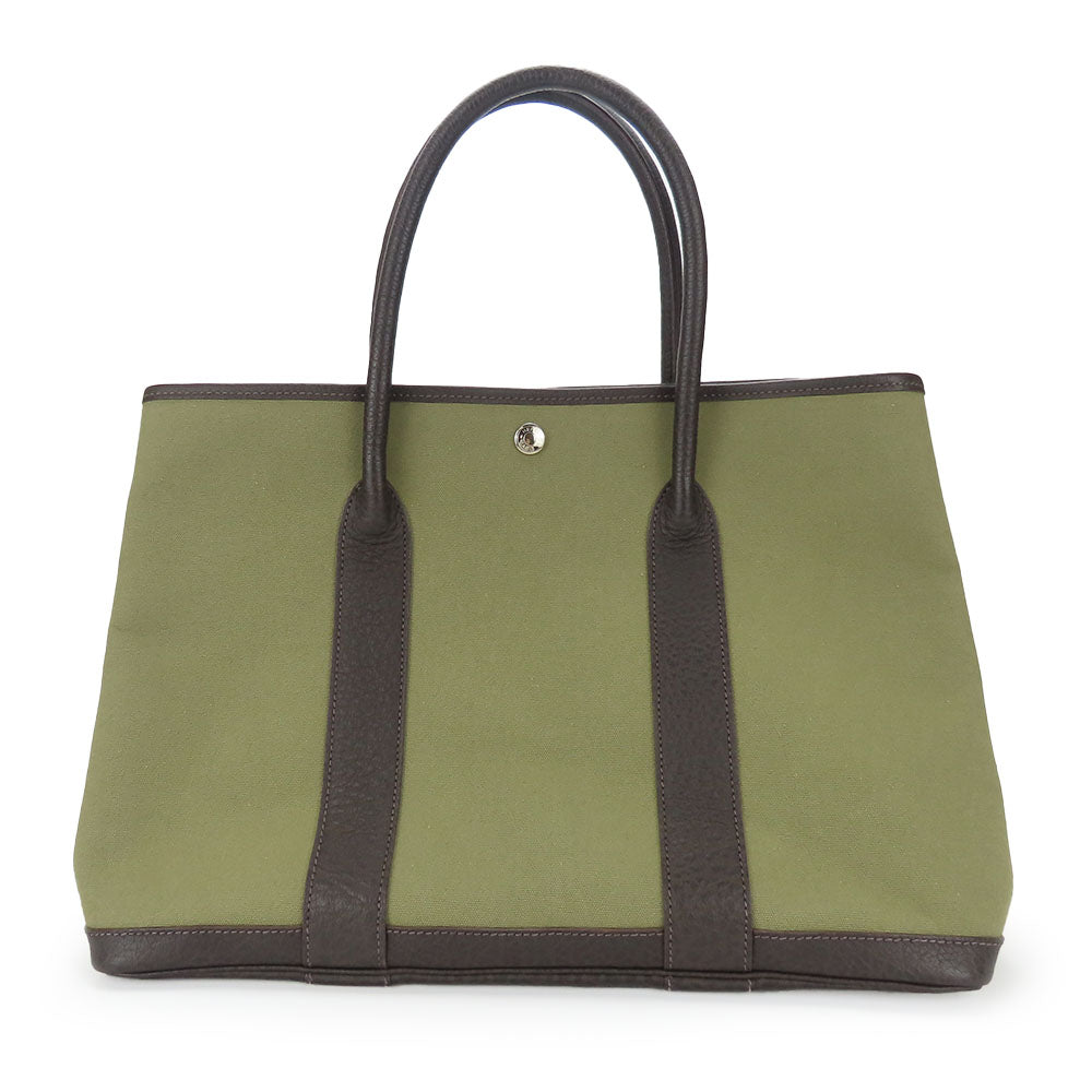 HERMES Tote Bag Canvas, Leather Khaki green Garden party PM unisex(Unisex)