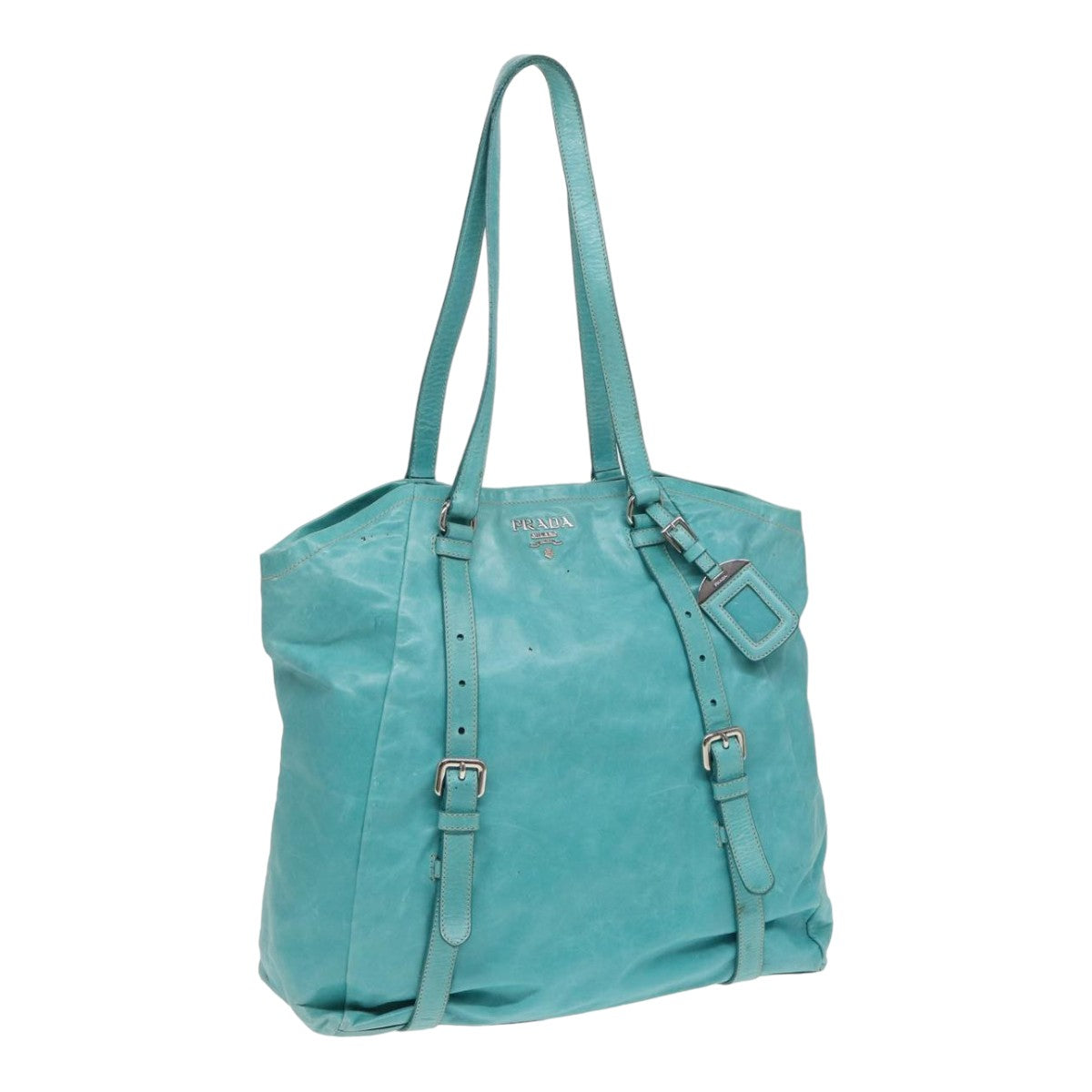 PRADA Tote Bag Leather Turquoise Blue Auth