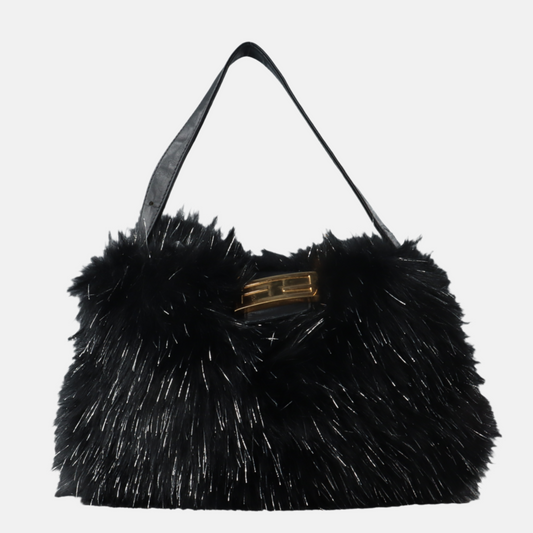 Fendi Baguette Black Furry Pink Interior Shoulder Bag