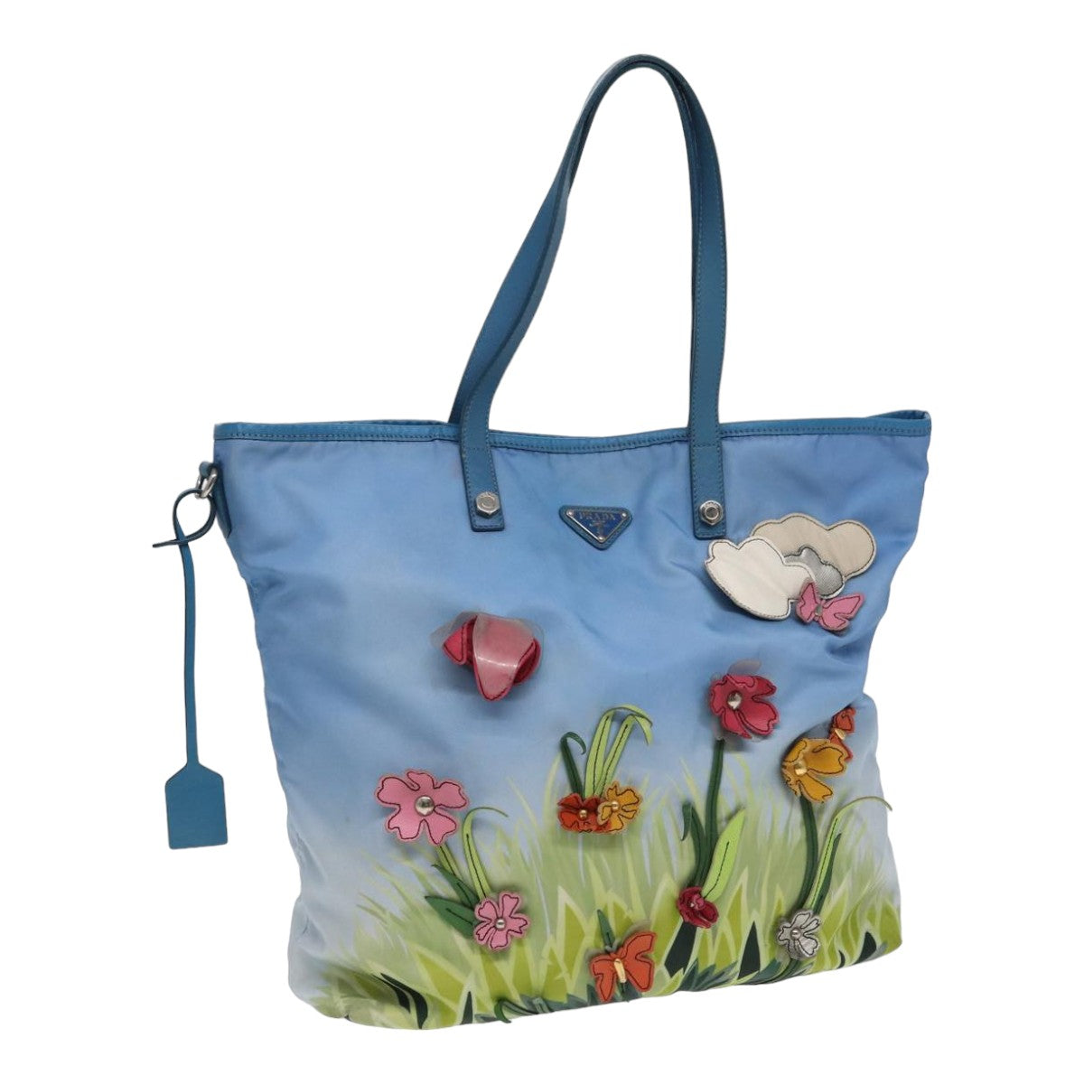 PRADA Floral Tote Bag Nylon Blue Green Auth