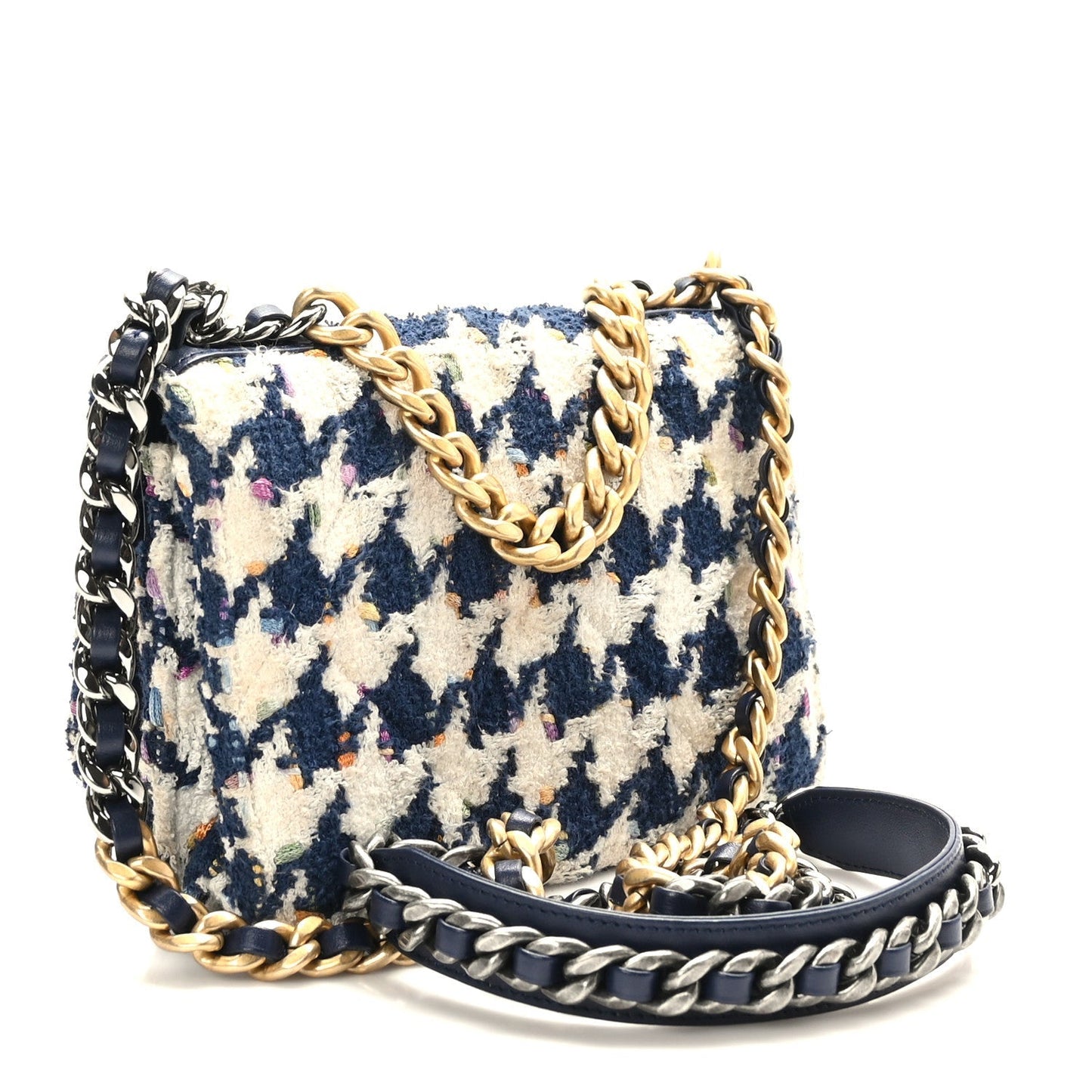 Tweed Quilted Chanel 19 Wallet On Chain WOC Ecru Navy Blue Multicolor Crossbody