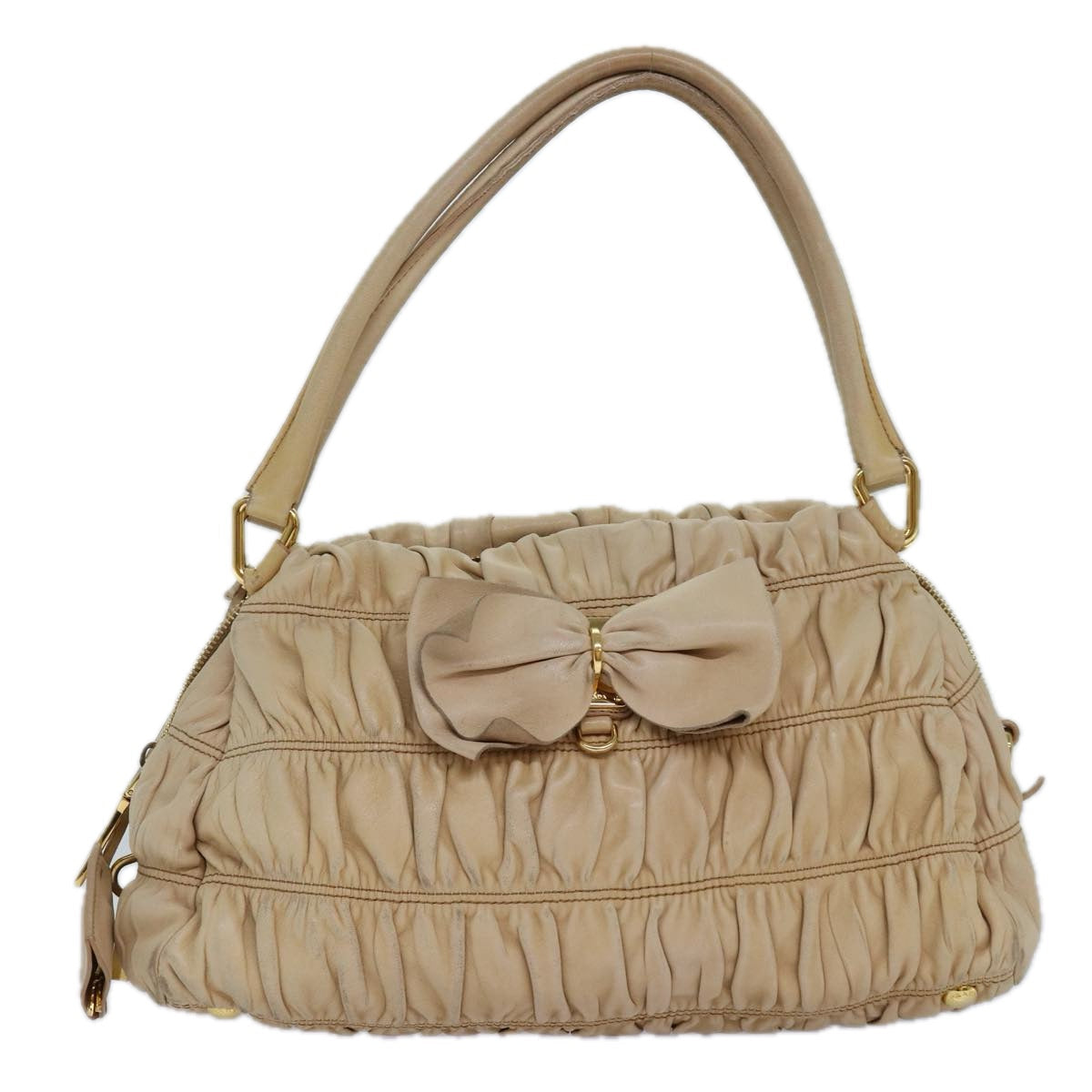 PRADA Hand Bag Nylon Beige Gold Auth