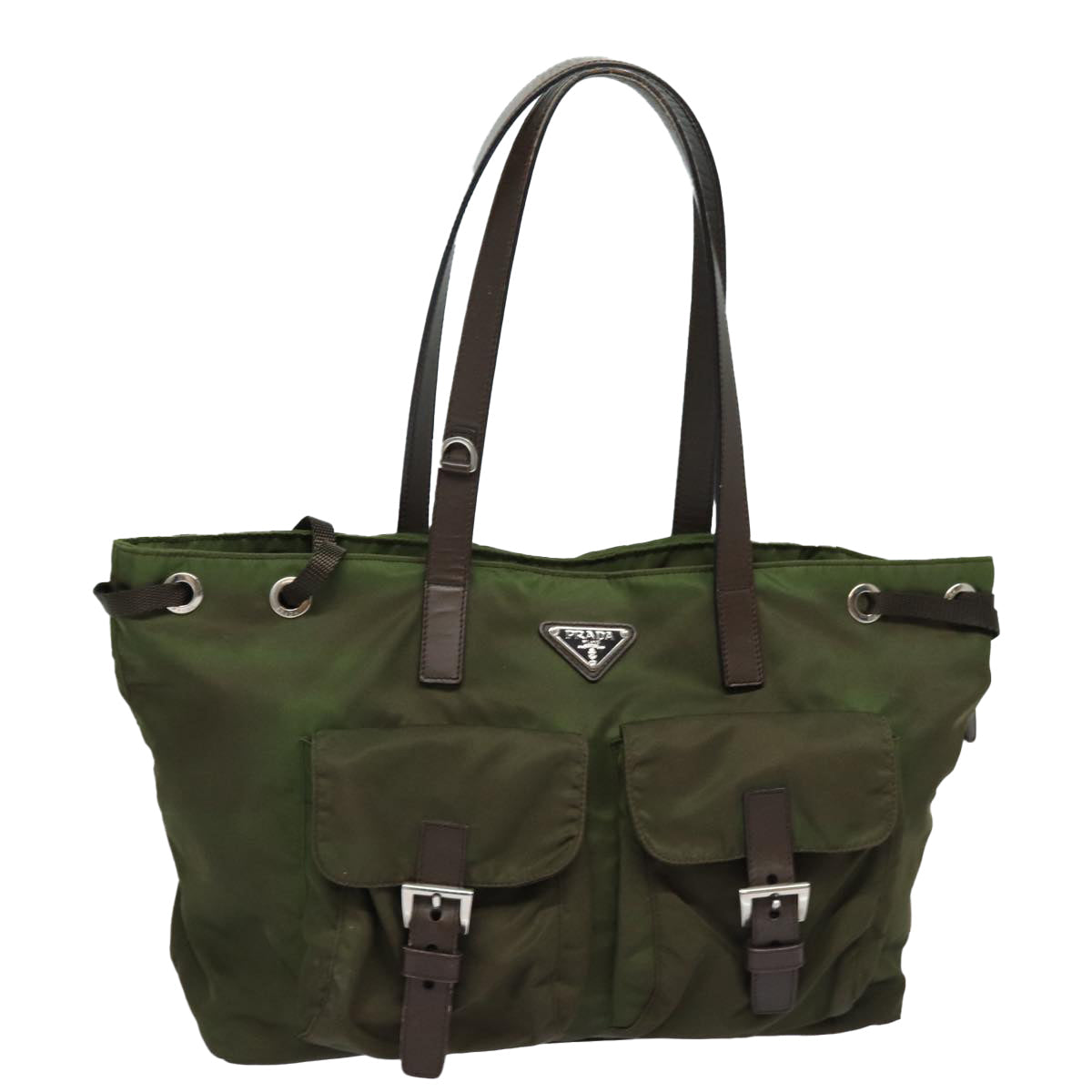 PRADA Tote Bag Nylon Khaki Brown Silver Auth