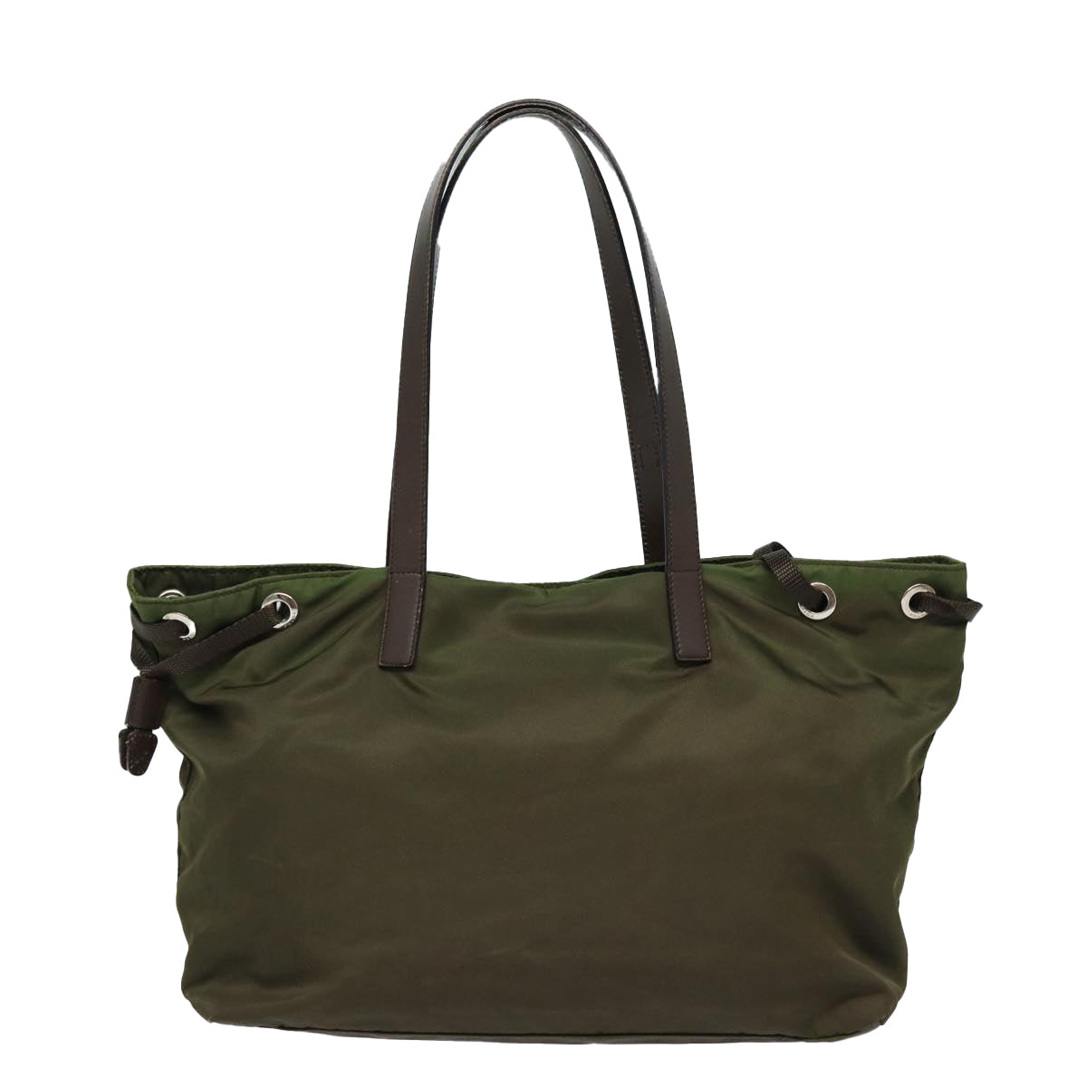 PRADA Tote Bag Nylon Khaki Brown Silver Auth