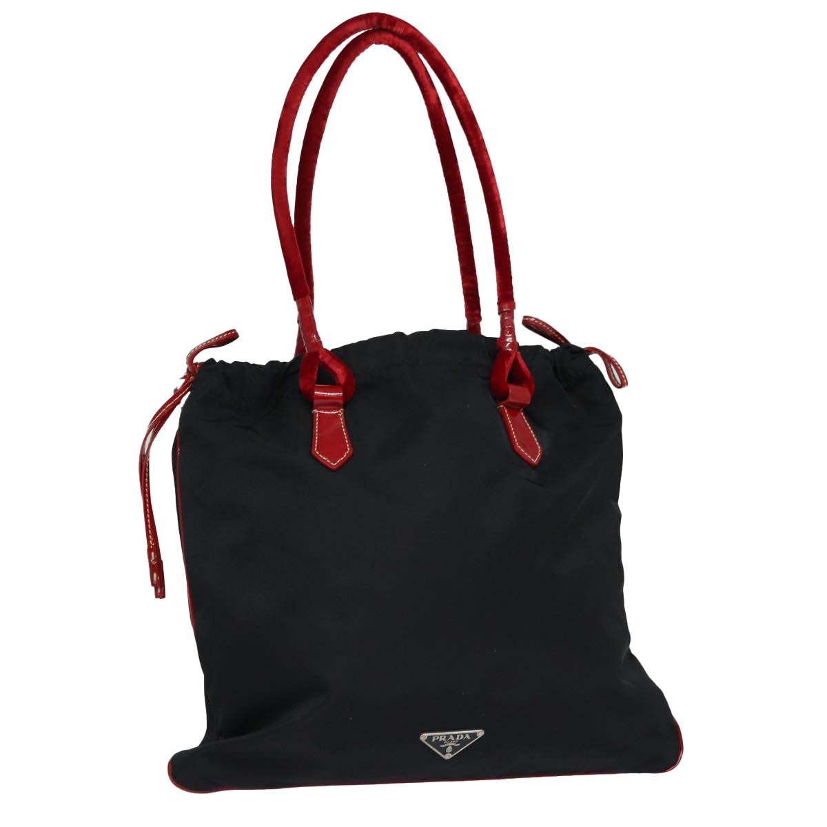 PRADA Tote Bag Nylon Velour Black Red Silver Auth