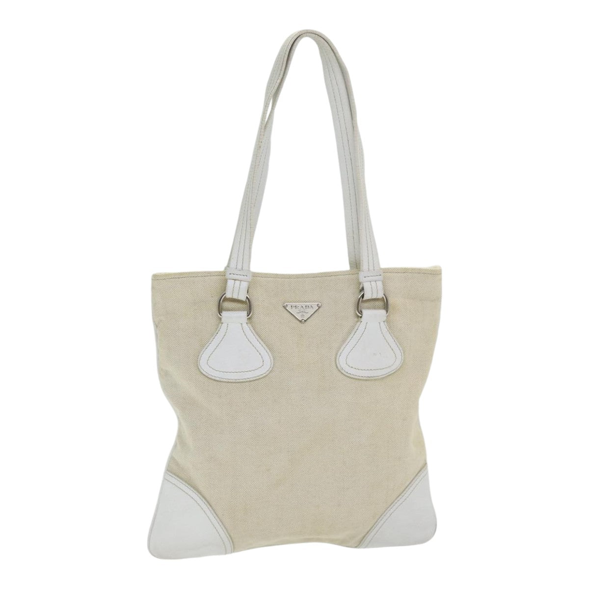 PRADA Tote Bag Canvas Beige Silver Auth
