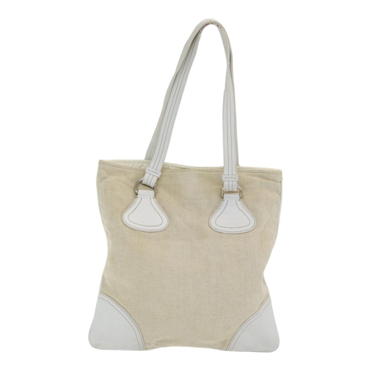 PRADA Tote Bag Canvas Beige Silver Auth