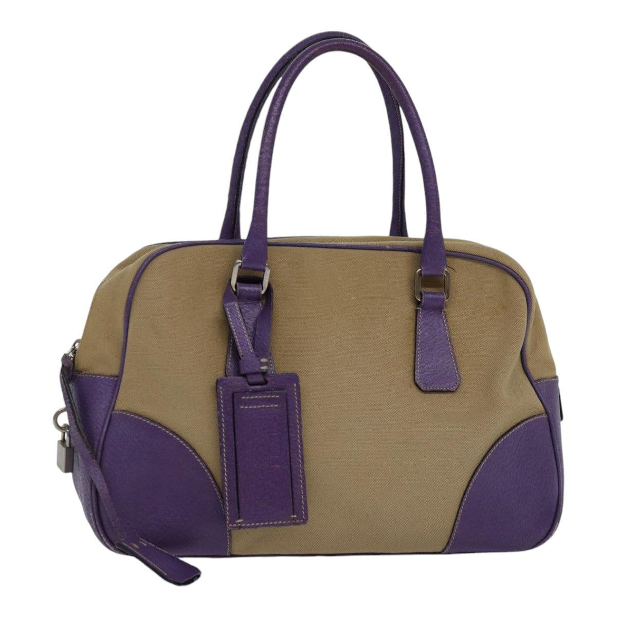 PRADA Hand Bag Canvas Beige Silver purple Auth