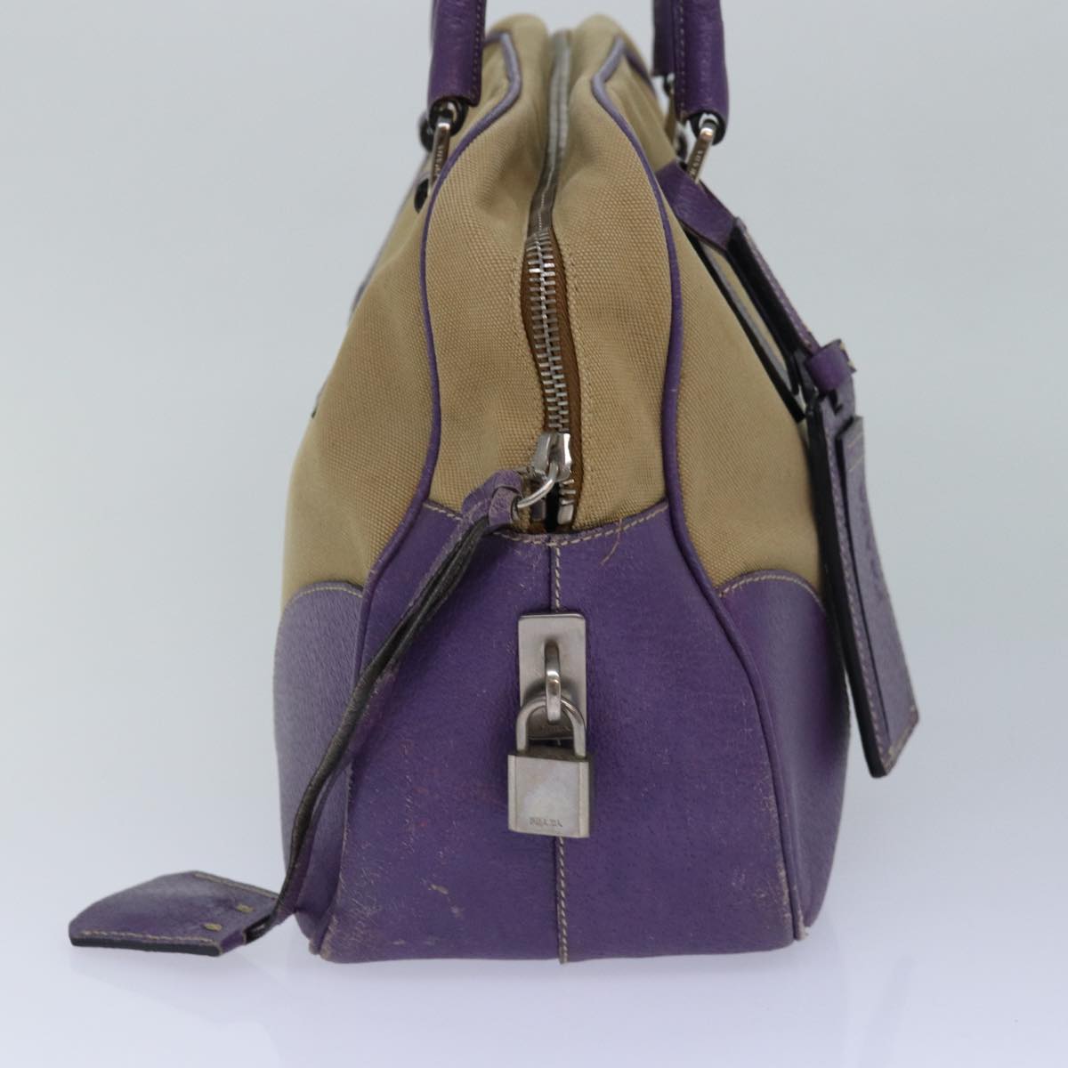 PRADA Hand Bag Canvas Beige Silver purple Auth